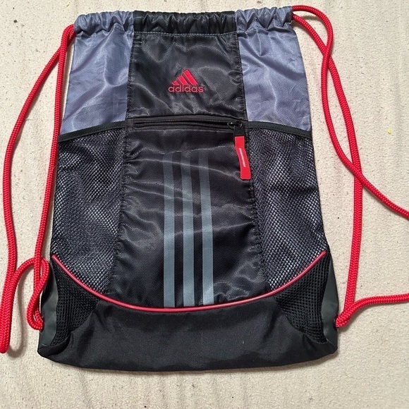 Adidas grey, red and black nylon drawstring backpack - Picture 1 of 3